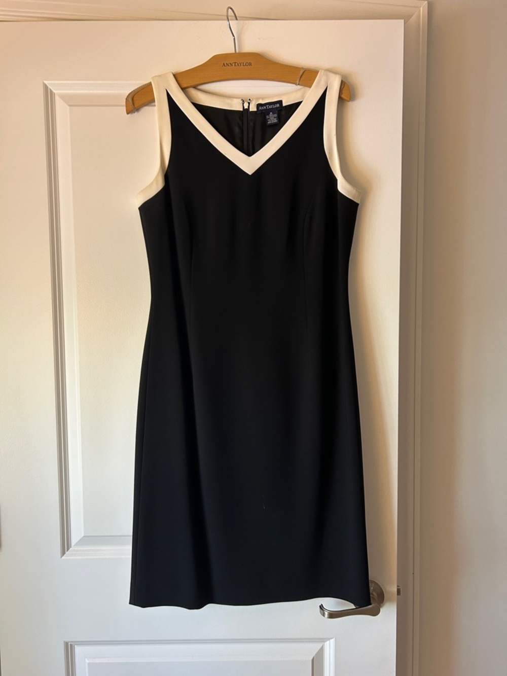 Ann Taylor Black Dress with Cream Trim V-Neck Sheath